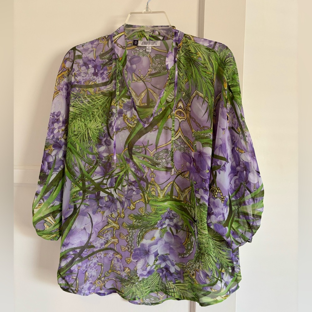 Jennifer Lopez Sheer Blouse in Purple and Green SZ S